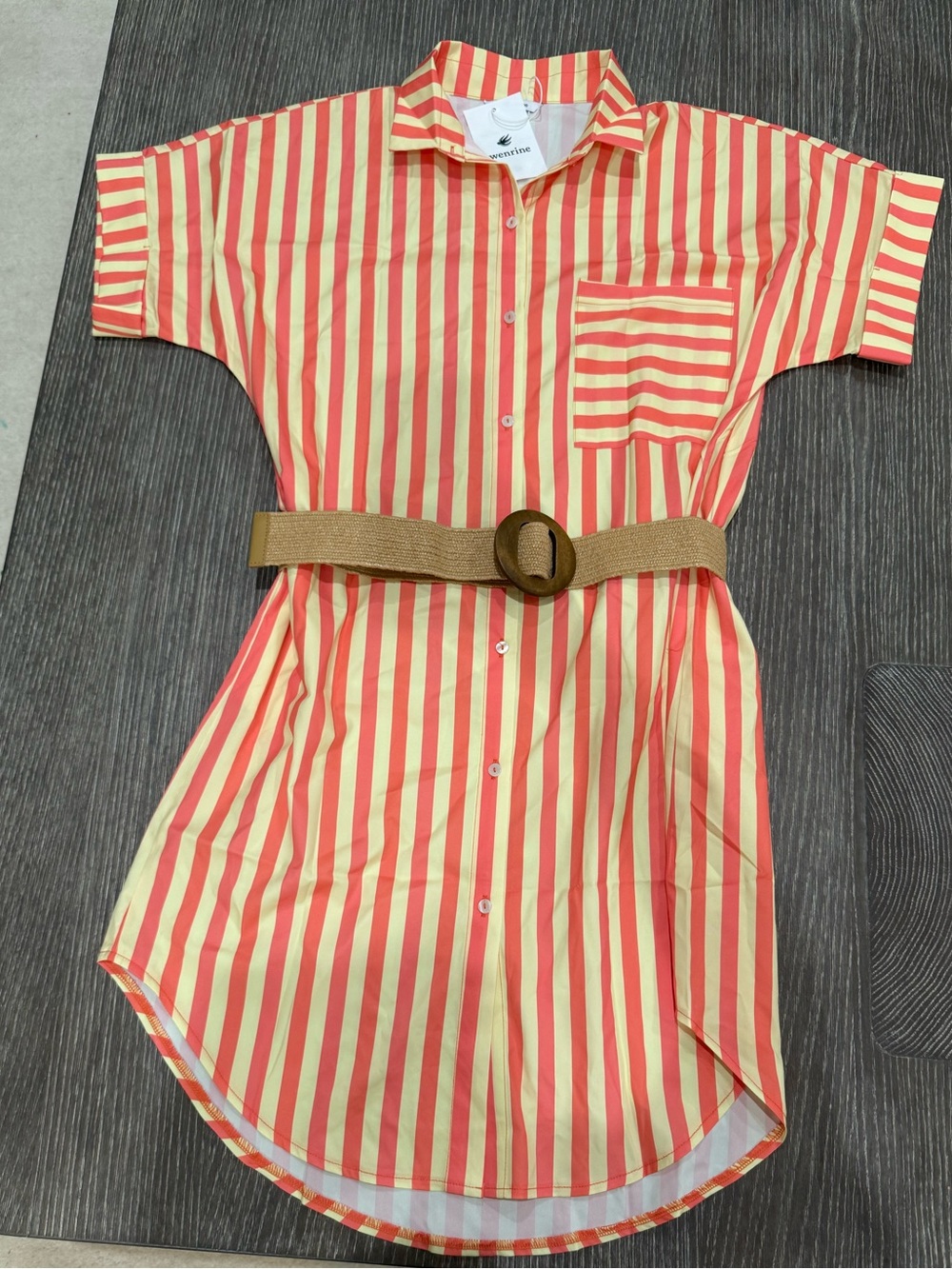 NWT Size small Wenrine Striped Button-Down Shirt Dress in Coral Cream with belt